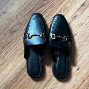 Old Navy Black Leather Mule Loafers with Gold Bit Accent